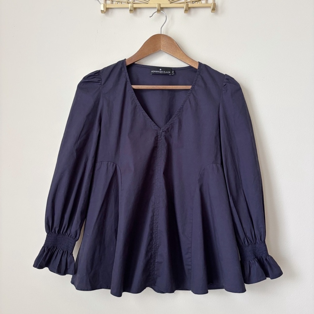 Pomander Place Navy Blue Poplin Puff Sleeve Swing Top XS Tuckernuck